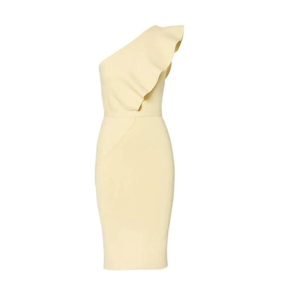 Scanlan Theodore crepe knit ruffle dress one shoulder lemon yellow spring summer - Picture 3 of 12